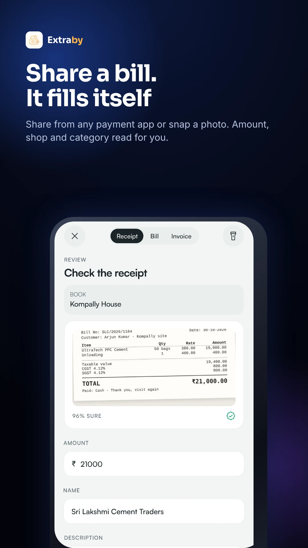 Receipt review: amount and shop read from a photo